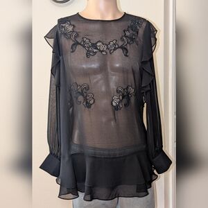 White House Black Market Sheer Black Blouse with Floral Details